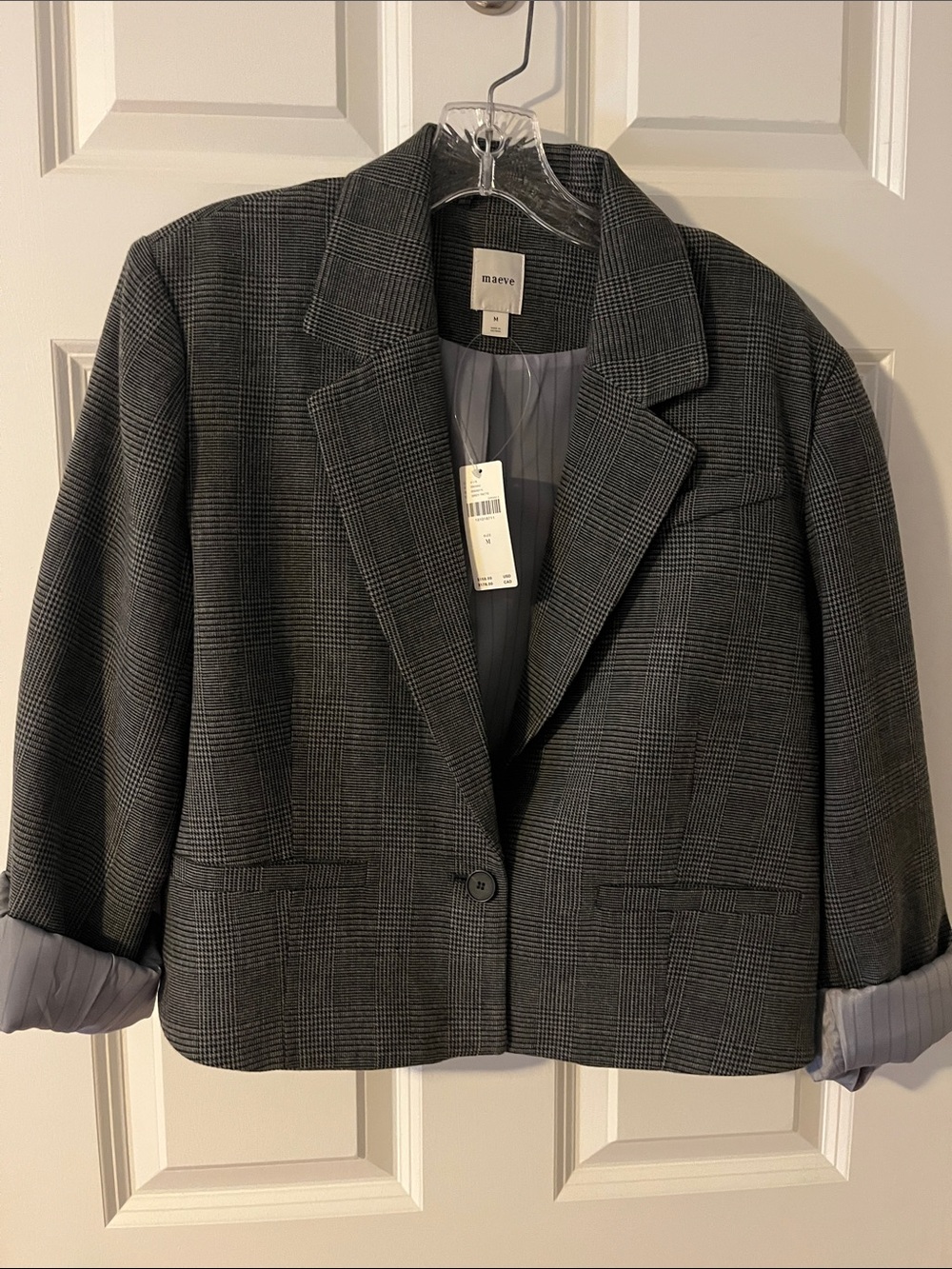 Anthropologie Maeve Charcoal Plaid Cropped Blazer m nwt